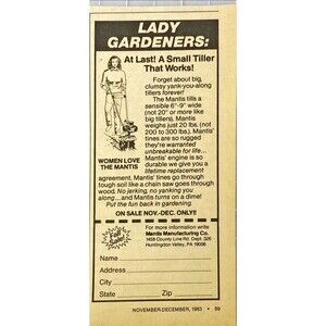 Mantis Manufacturing Small Tillers for Lady Gardeners" Vintage Print Ad 1983